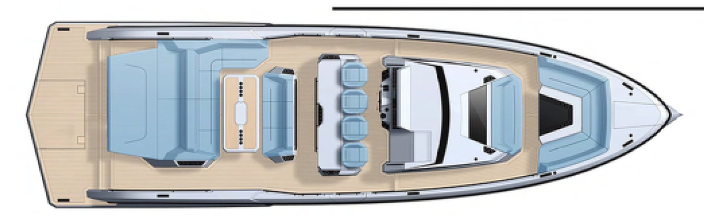 Plano de cubierta del Vanquish VQ55 con zonas de asientos, puesto de gobierno y cubierta de popa