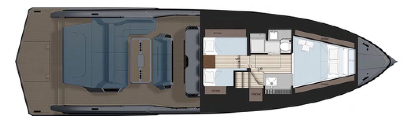 Plano interior del Vanquish VQ55 con camarotes y baño